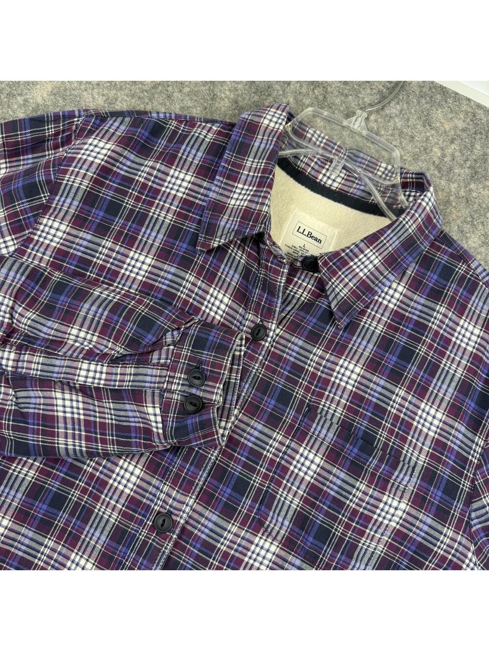 LL Bean Women’s Plaid Shirt Jacket Fleece Blue Burgundy White Size Large 713